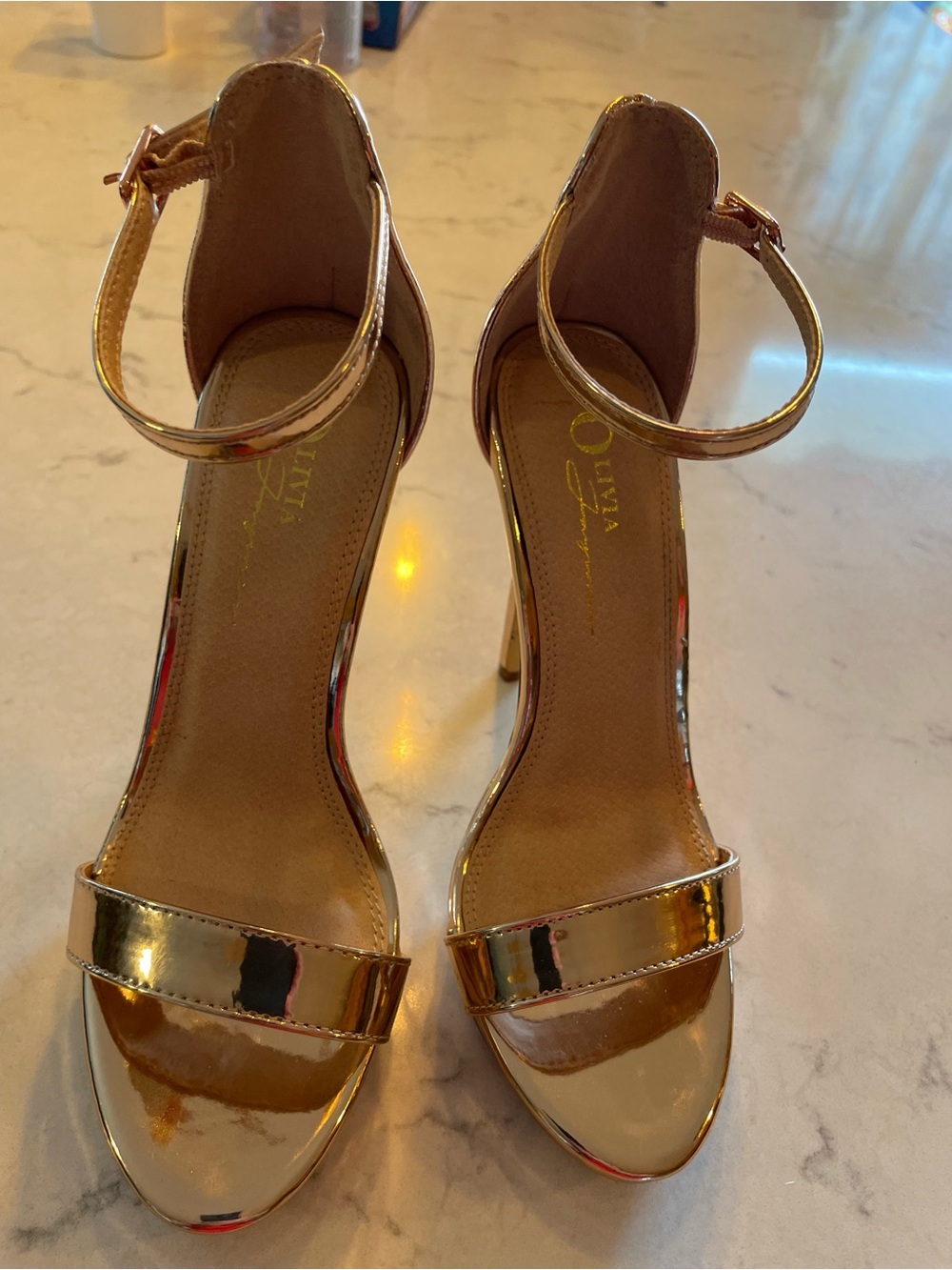 Olivia + Joy Metallic Gold Ankle-Strap High Heel Sandals. Item # 11726